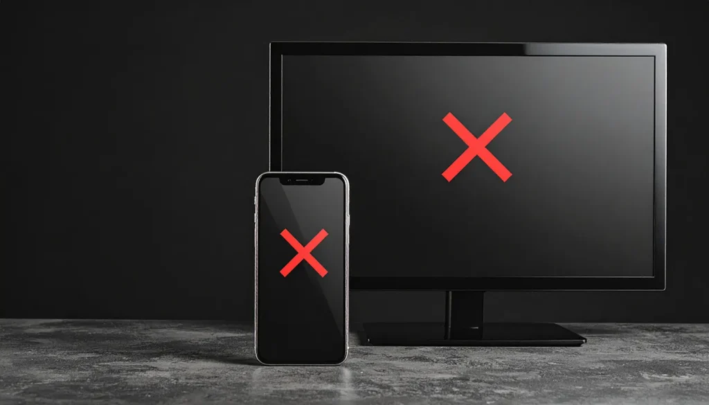 television ja puhelimen ruudut pimeinä, päällä punainen raksi