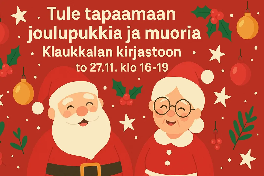 Joulupukki ja muori Klaukkalan kirjastossa
